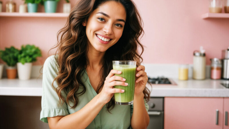 woman holding green shake